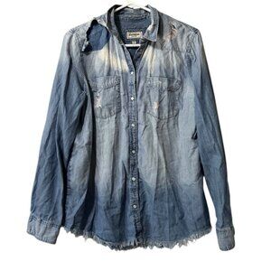 Express Women Size Medium Button Down Long Sleeve Shirt Denim Style Raw Hem City